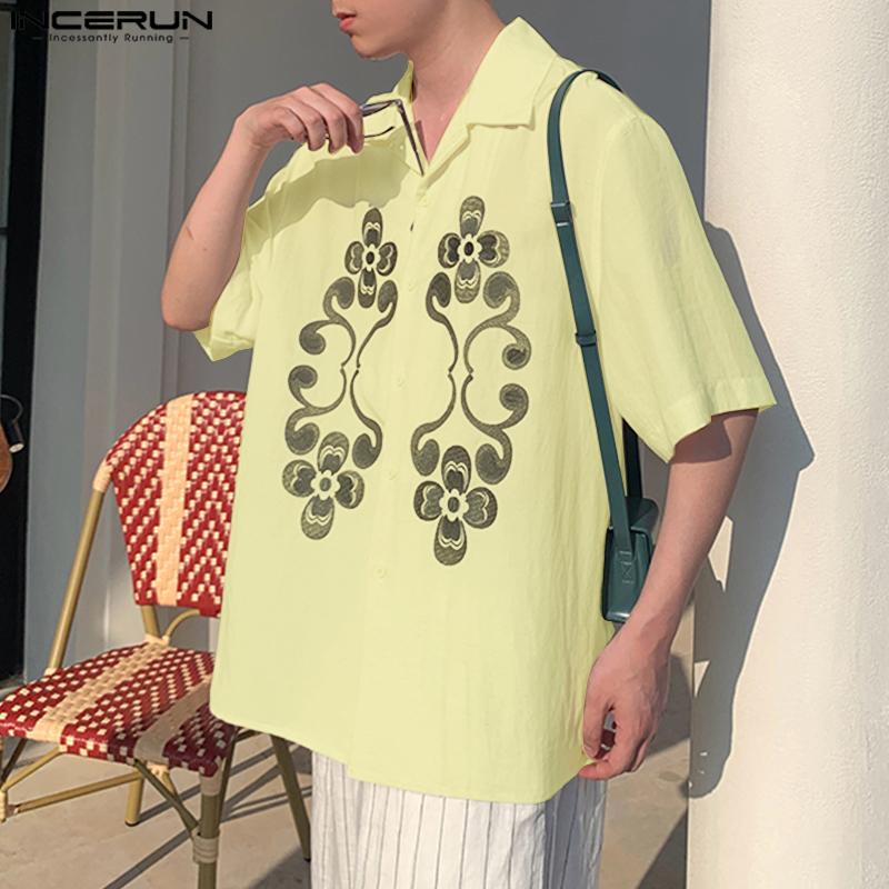 INCERUN Oversized Men Lapel Neck Short Sleeve PrintButtons Up Casual Loose Shirts