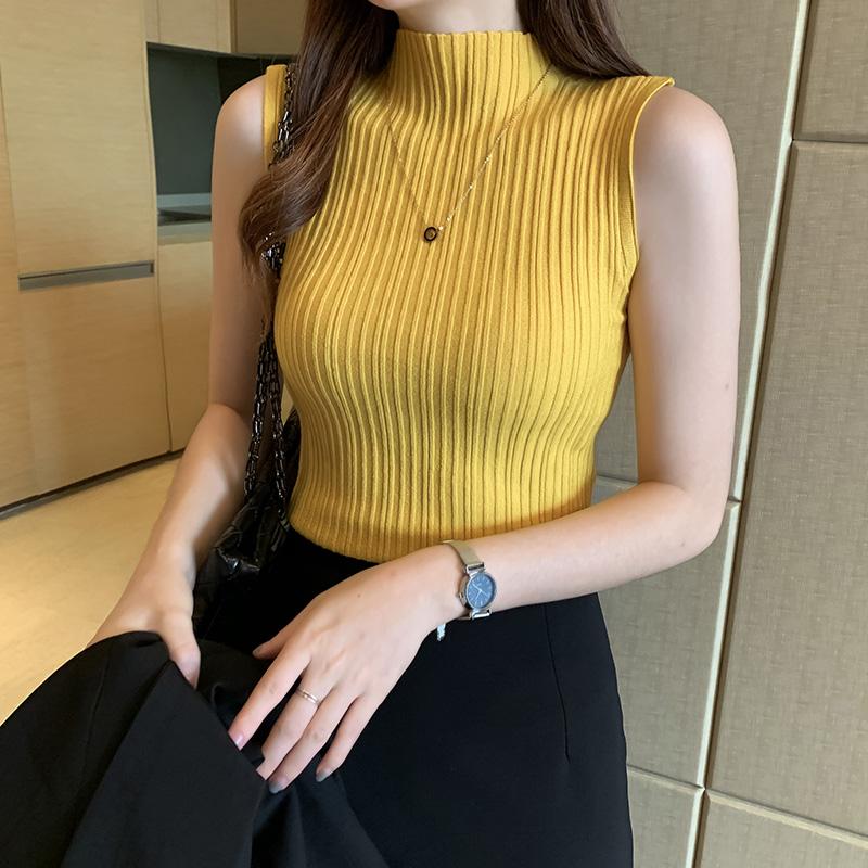 Summer High Collar Sleeveless Slim Knitted Tank Top Women J182