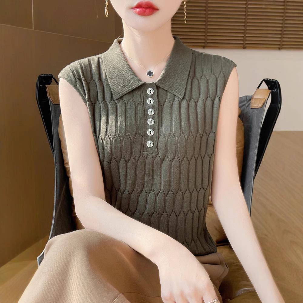 

Топ без рукавов из трикотажа с воротником поло - Ажурный дизайн, Универсальный ледяной шелк для весны/лета XL (suitable for 125-135 jin) чёрный