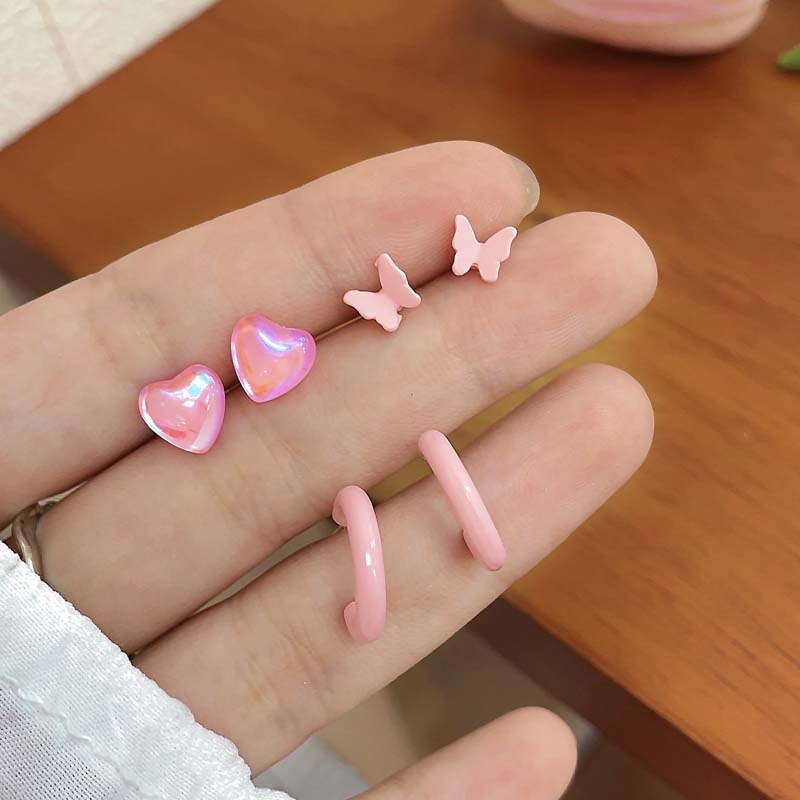 Korean Pink Heart Butterfly Flower Stud Earrings for Women Girls Sweet Cute Mini Small Circle Piercing Earrings Set Jewelry