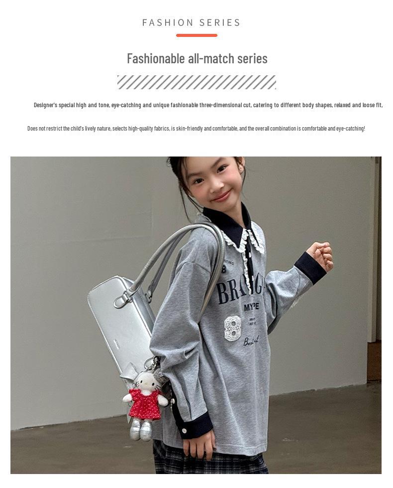 Girls' Heather Grey Long Sleeve Polo Shirt with Lace Collar - Autumn 2025 Collection