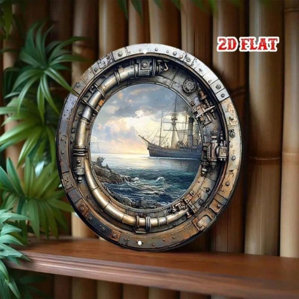 Vintage Metal Porthole Sailboat Wall Art Decor