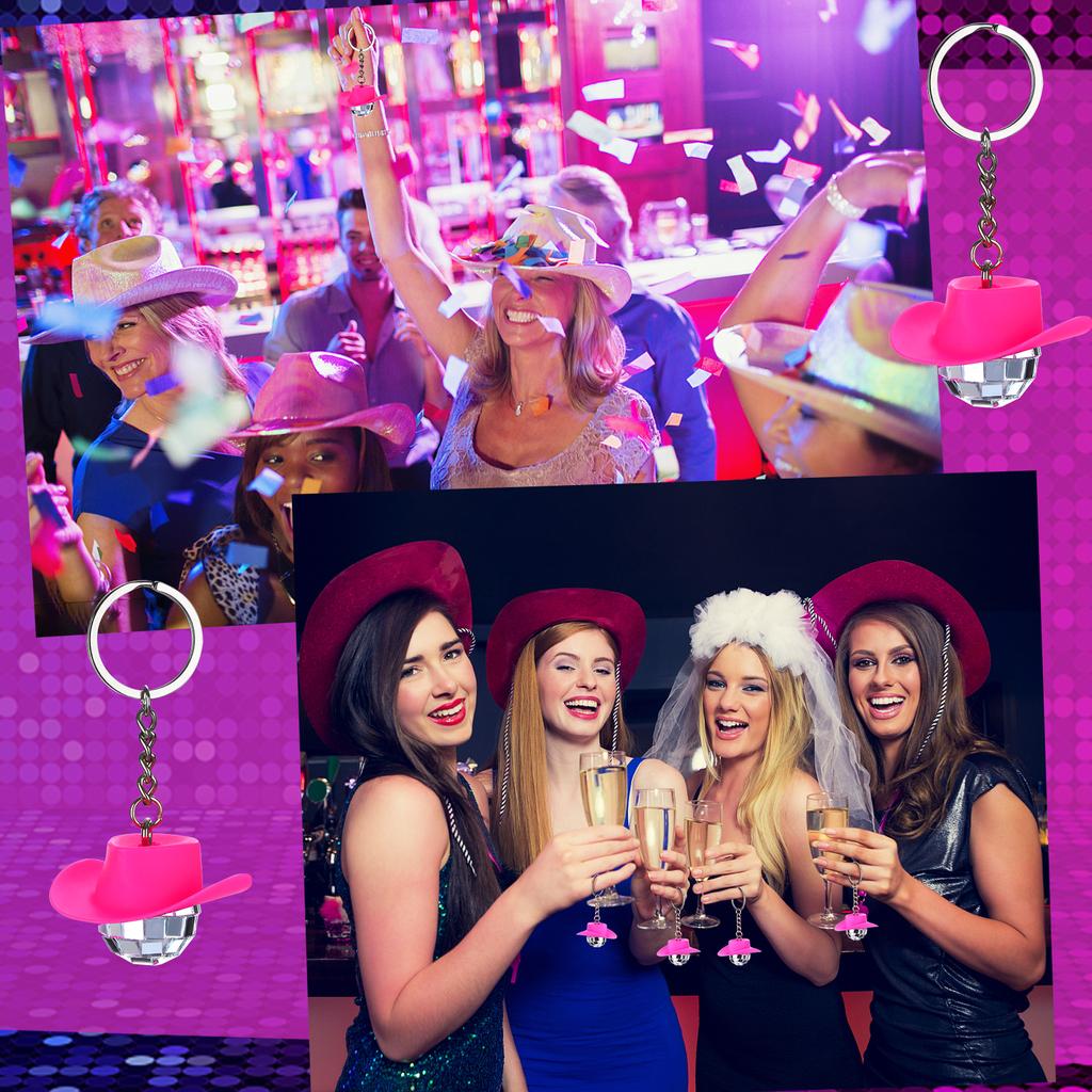 18Pcs Cowboy Hat Disco Ball Keychain Pink Hat Disco Ball Decorations Mini Disco