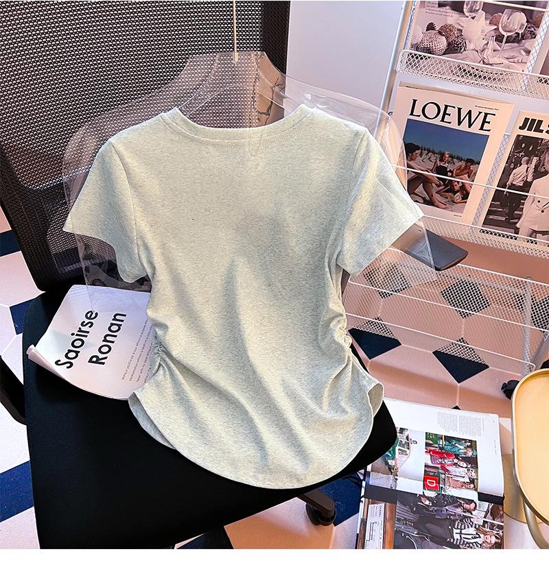 Women's Summer 2024 Ruched Waist Irregular Short Sleeve Round Neck T-Shirt