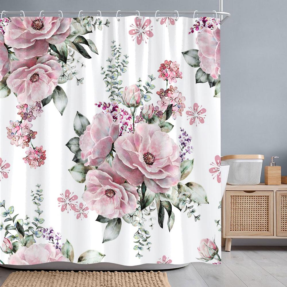Tropical Botanical Flower Shower Curtain Beige Green Palm Leaf Flower Scandinavian Decor Bathroom Polyester Shower Curtains Set