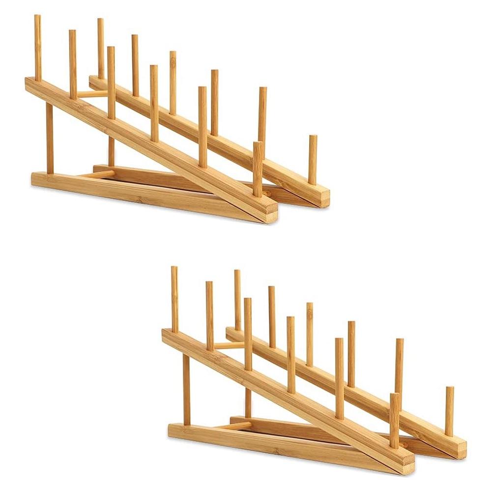 Good-2 PCS Wooden Dish Rack Bamboo Plate Rack Stand Pot Lid Holder, Dish Drying Rack Kitchen Cabinet Organizer For Dish Plate