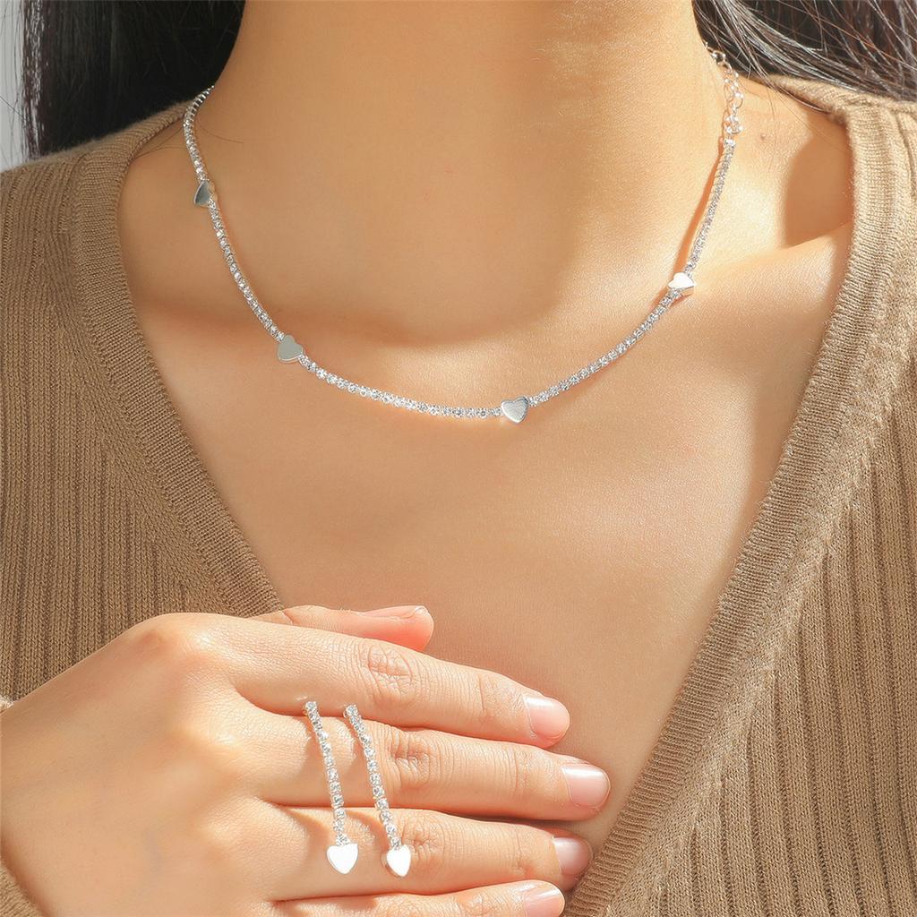 Fashion Rhinestone Love Necklace Earrings Set, Shiny Bridal Necklace Earrings