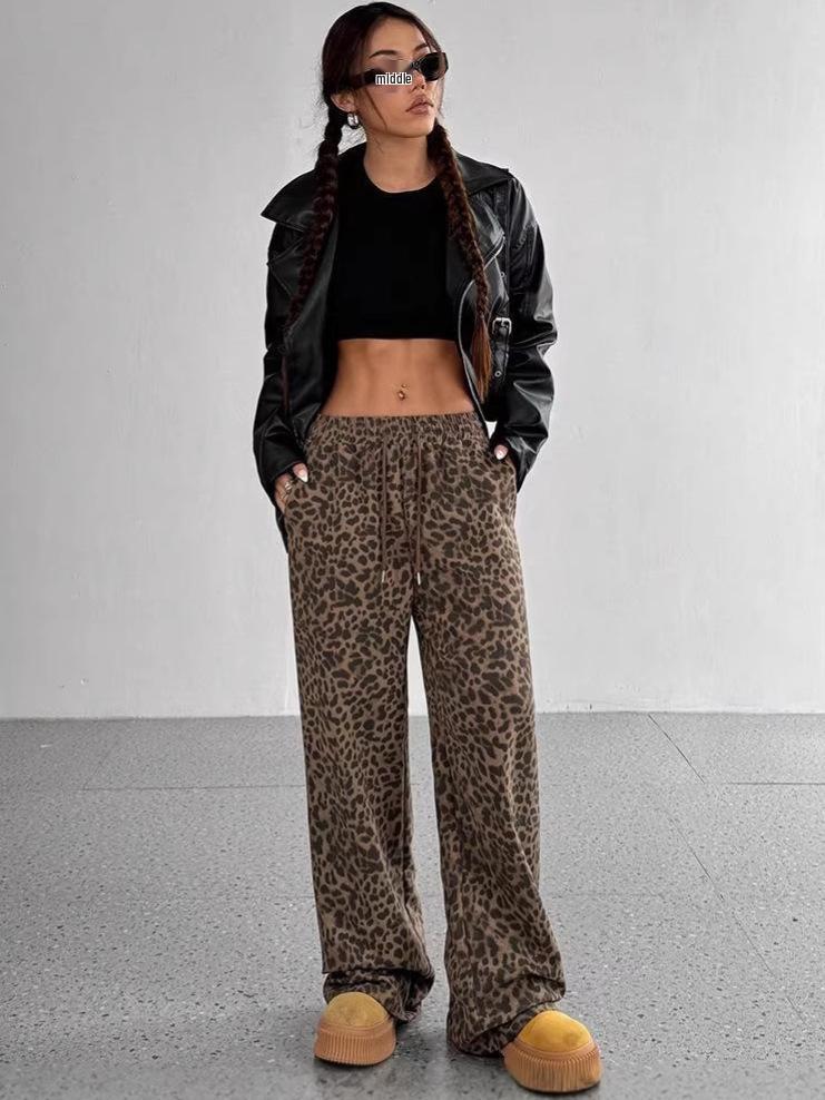 Women's Leopard Print Wide-Leg Casual Pants - Loose, Versatile, Long