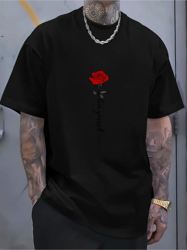 Men's T-shirt Summer Fashionable Casual Sports Loose Red Rose Pattern Printed Round Neck Short Sleeved Top