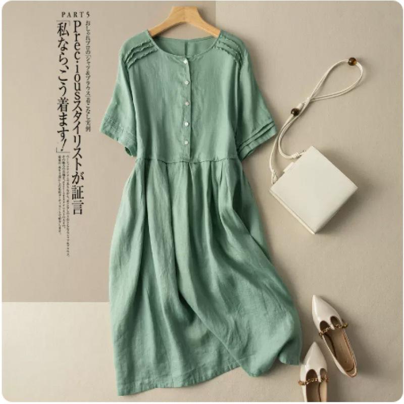 Short Sleeved Dress, Women's Cotton and Linen Shirt, Mid To Long Length, Summer New Style, Temperament