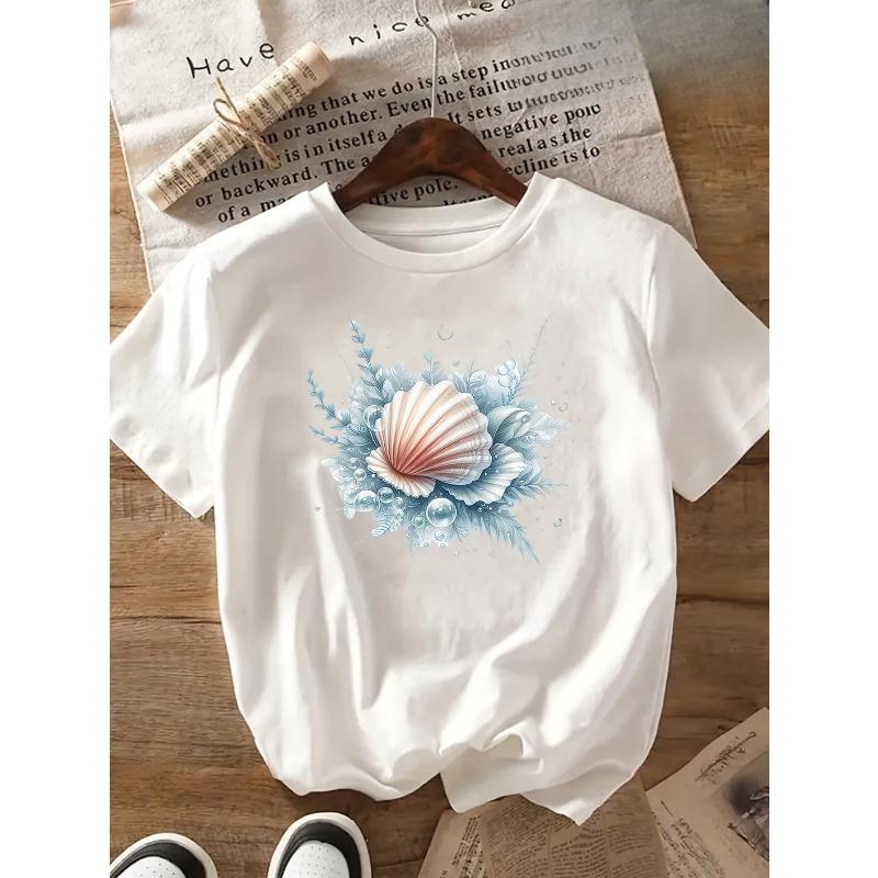 European Sizes Women's Seashell & Floral Print T-Shirt - Black with Blue & Pink Accents, Short Sleeve Crew Neck Casual Top for Spring & Summer