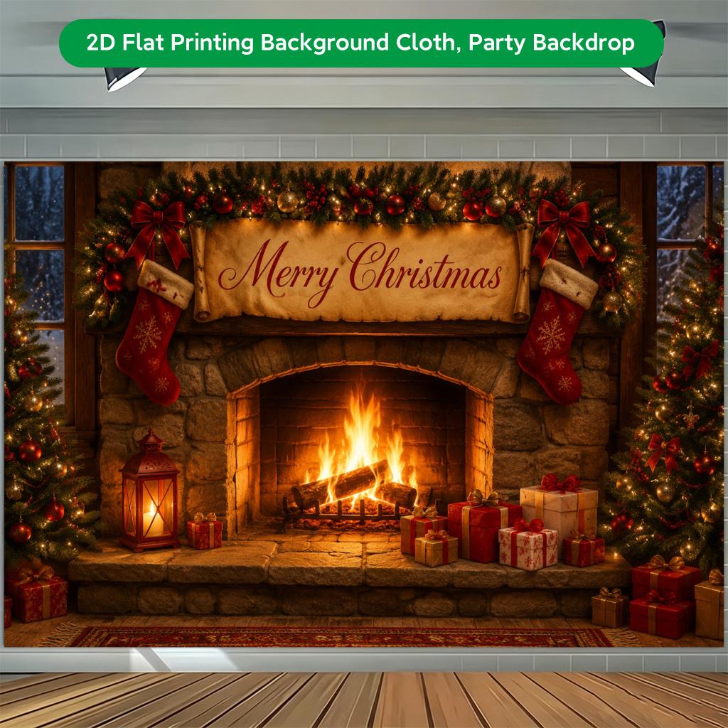 1Pcs Cozy Fireplace Stacked Gifts Holiday Decoration Background Winter Backdrop Decorations For Photo Studio Photo Booth Party