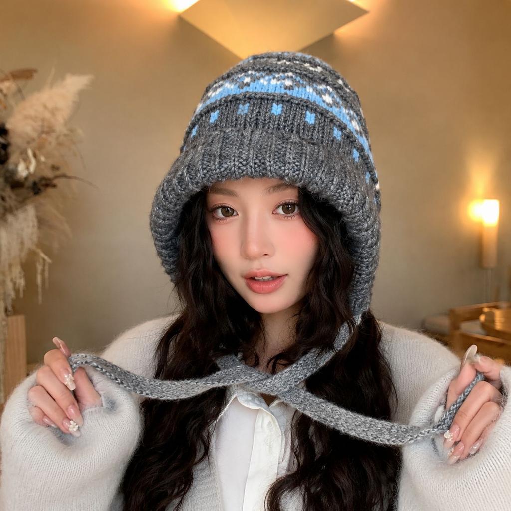 Jacquard Retro Knitted Cold Hat Women's Winter Warm Ear Protection Cold Wool Hat Student Versatile Strap Headgear