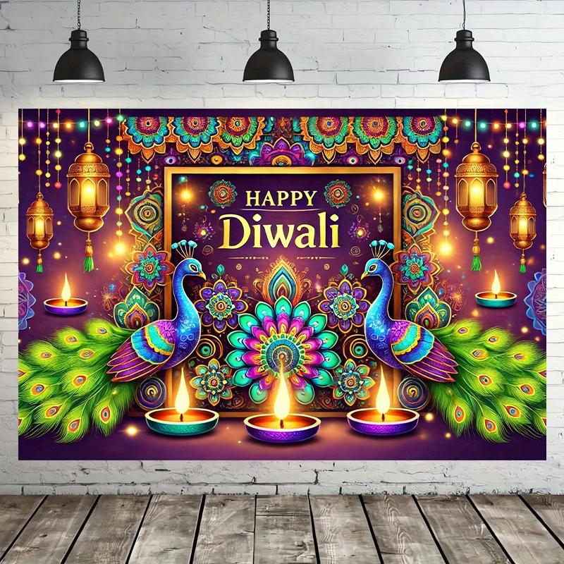 1 Vibrant Diwali Backdrop Cloth - Colorful Peacock and Diya Design  No Power Required