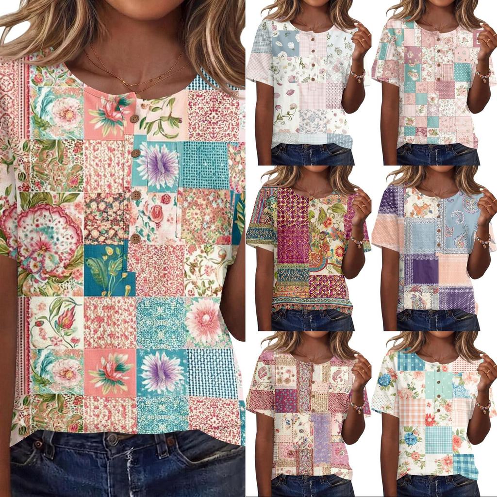 Women’s Vintage Patchwork Print Henley Button Neck Short Sleeve Cotton Linen Shirt Casual Loose Fit Top for Summer Daily Wear