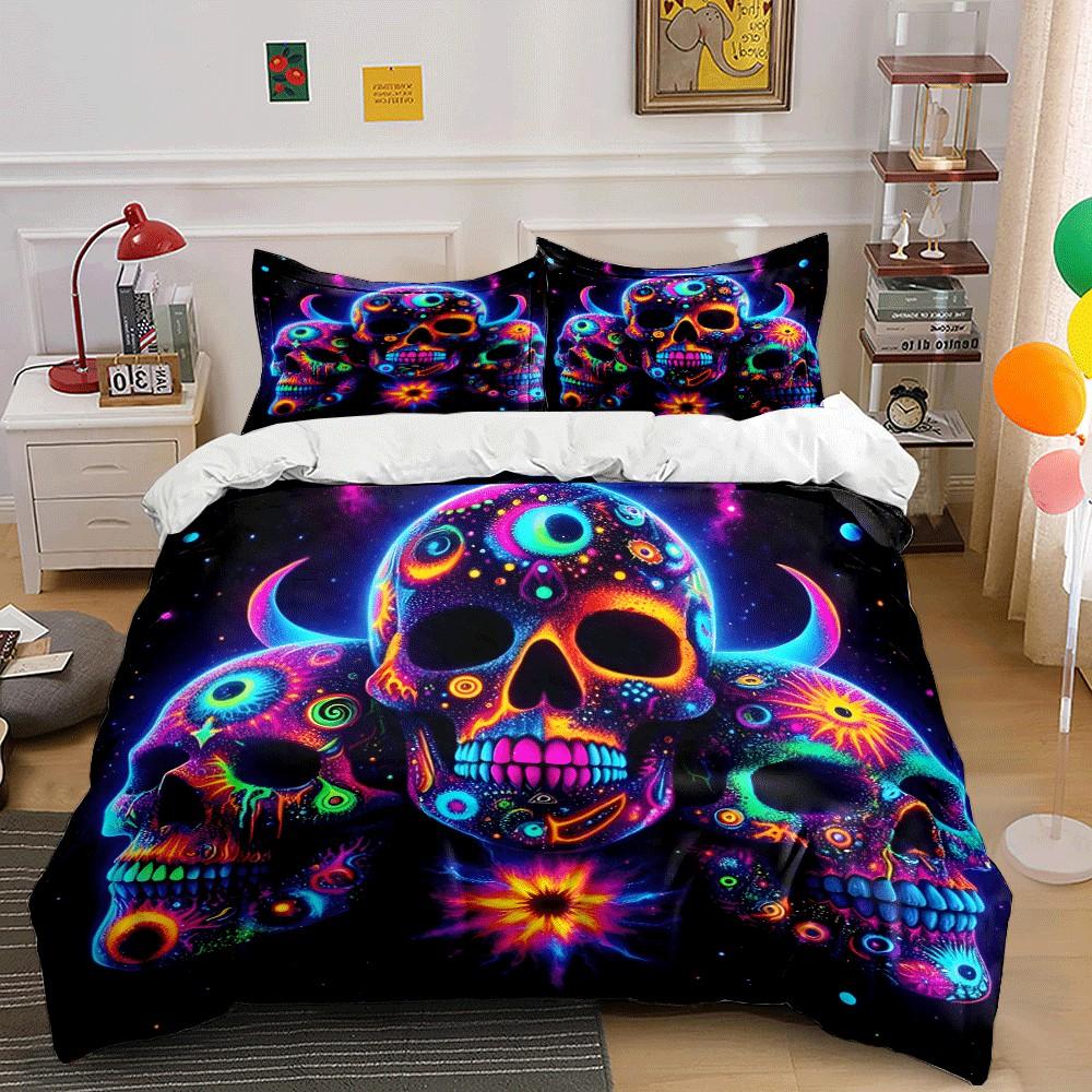 Neon Skull Art Set for Decor Exquisite three-piece bedding set gift for kids and adults
