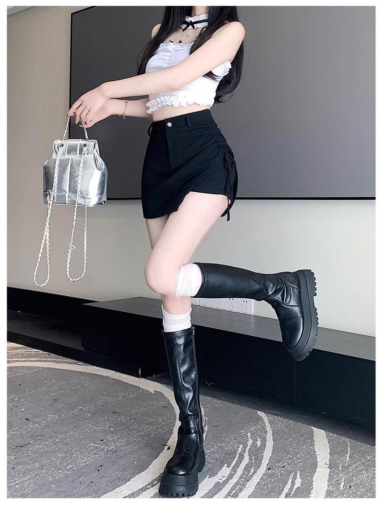 Damen Schwarzer High Waist A-Linien Midi-Rock 2024 - Schlankmachend, Vielseitig, Unregelmäßiger Kordelzug, Lässiges Bodycon-Design für den Sommer.