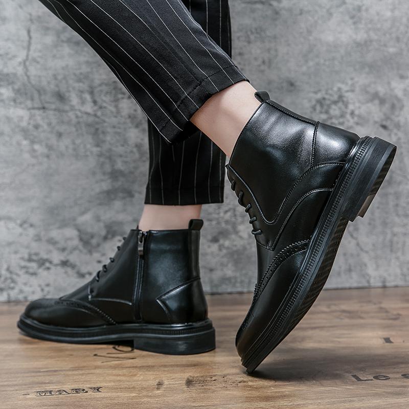 British Style Men'S Leather High Top Shoes Lace Up Winter Business Casual Shoes Street Fashion Men'S Motorcycle Boots