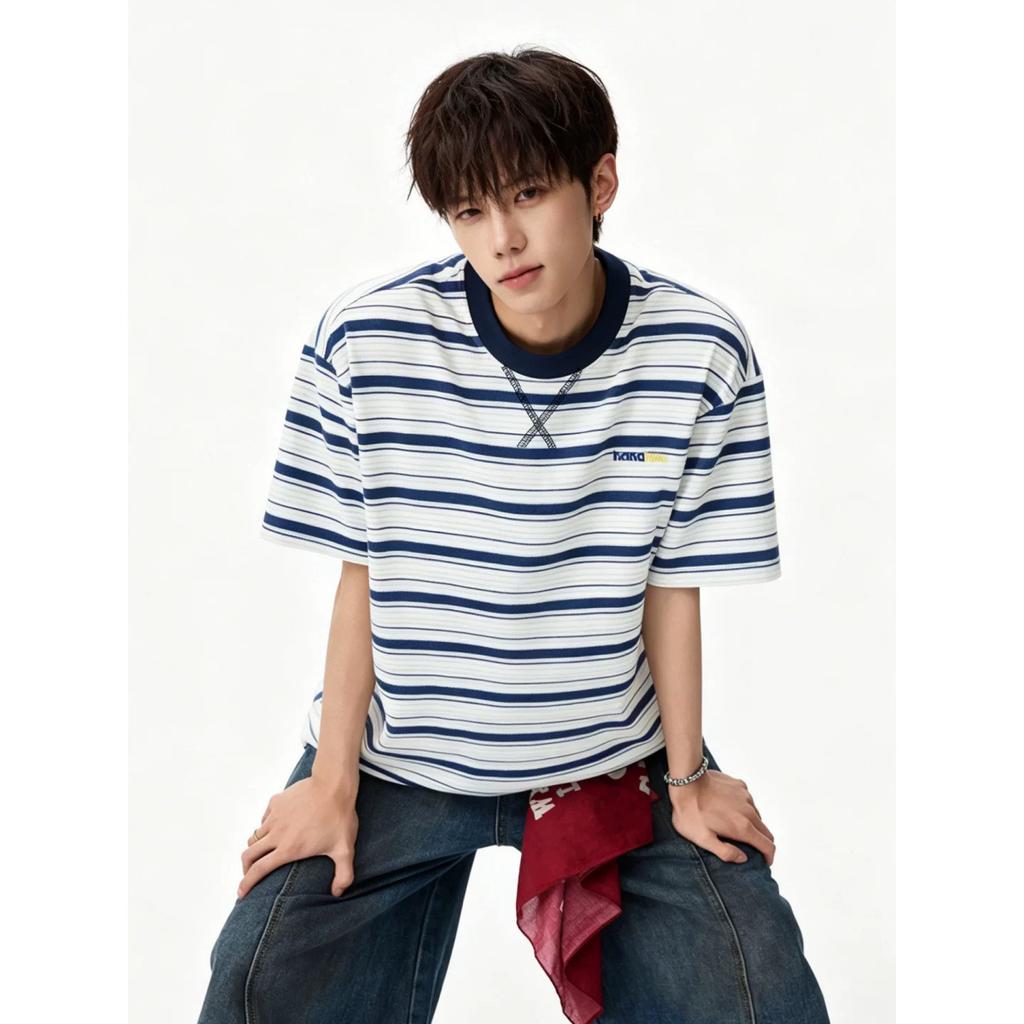 Men's Striped Short Sleeve T-Shirt Casual Crew Neck Tee Summer Loose Fit Hip Hop Streetwear Top