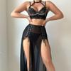 Off The Shoulder Lace Trim Sheer Mesh Slit Skirt And Lingerie Four Piece Set Underwear