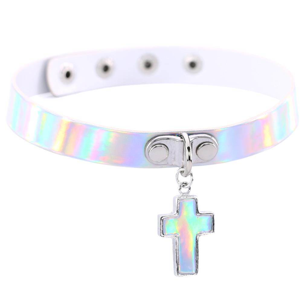 Cross Laser Glow Choker, Gothic Cross Luminous Short Leather Clavicle Necklace