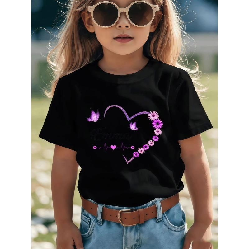 

European sizes Emma Name Heart Butterfly ECG Print, Breathable Comfortable Warm Personality, Short-sleeved Top 98cm чёрный
