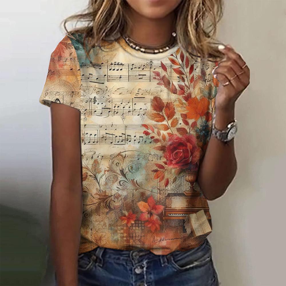 Summer Women's Rose Y2K Pattern Short Sleeve Summer Crew Retro T-shirt