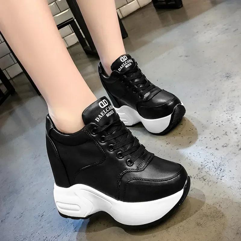 Fashion New Women's Ankle Boots Autumn Leather Chunky Shoes Woman Platform Height Increased Sneakers 10CM Thick Sole Wedges White Boots
