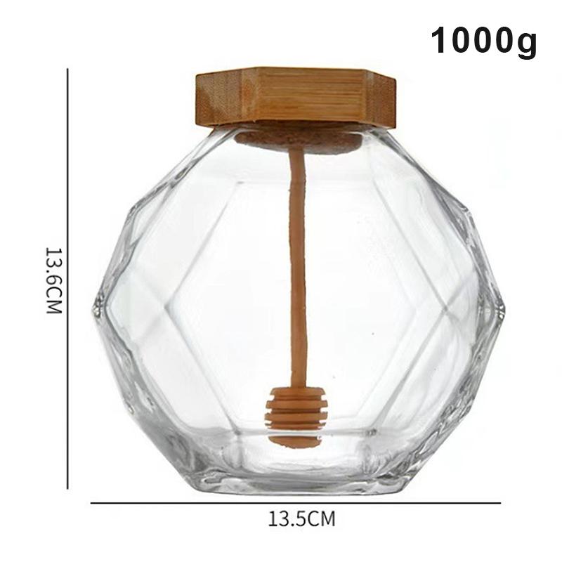 Boccetta di Vetro Esagonale Vuota per Miele con Bastoncino Mescolatore in Legno per Miele, Barattolo Trasparente Sigillante per Marmellata, Conservazione Cucina Casa 250G/500G/1000G