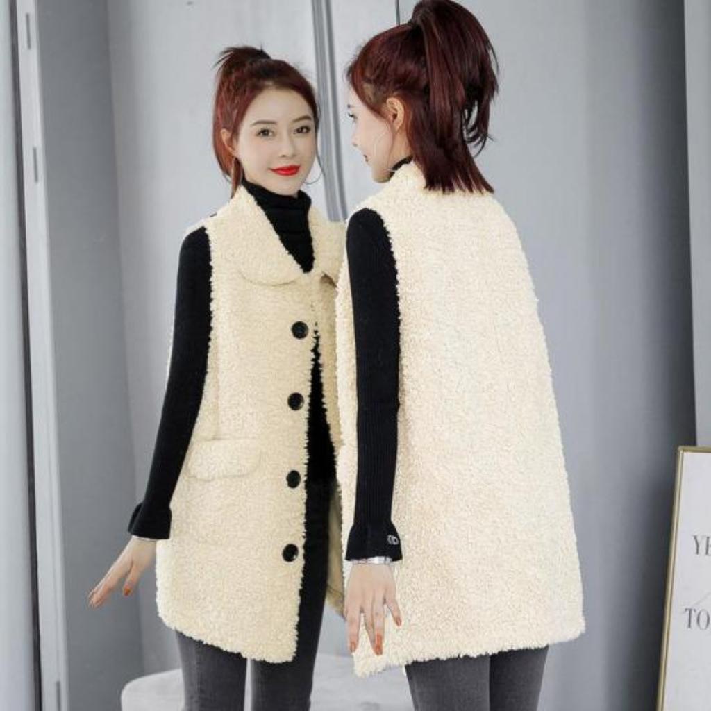 Fall Winter Women Vest Coat Lapel Sleeveless Solid Color Single-breasted Pockets Fleece Cardigan Mid Length Thick Warm Soft Loose Lady Waistcoat