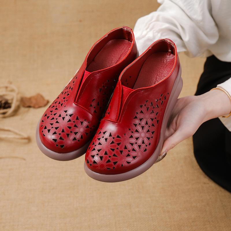 The First Layer of Cowhide Muffin Sole Heightening Women's Shoes Casual Leather Hollow Women's Slippers Breathable and Comfortable Hole Shoes