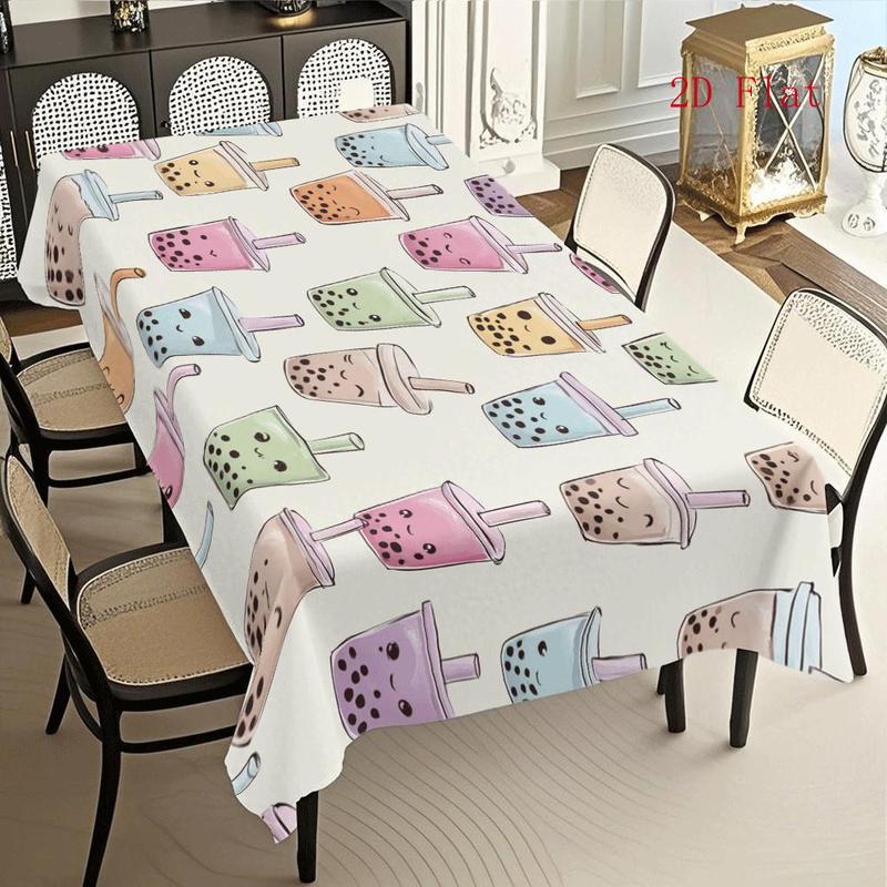 2D Flat 1pc Cute Cartoon Pearl Milk Tea Printed Tablecloth, Home Dining Table Decoration Cloth, Creative Milk Tea Theme Tablecloth for Restaurants And