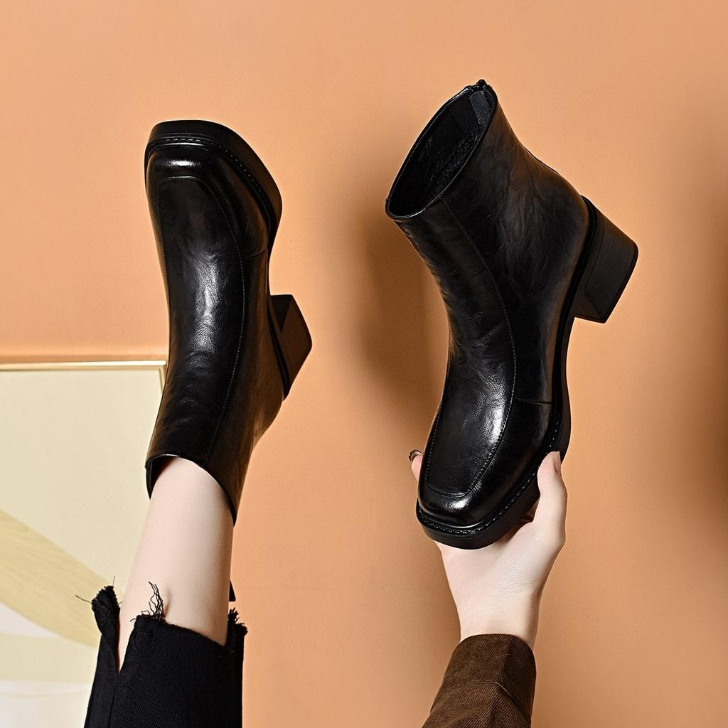 Square Head Women's Autumn and Winter Simple Temperament Thick Heel Back Zipper Fashion Boots Women's Straight Boots