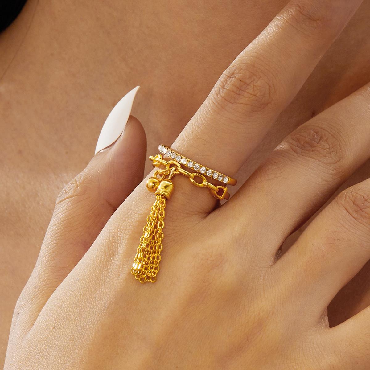 

Trendy Round Ball Tassel Pendant Finger Rings Rhinestone Chain Double Layer Open Adjustable Rings For Women Men Party Jewelry
