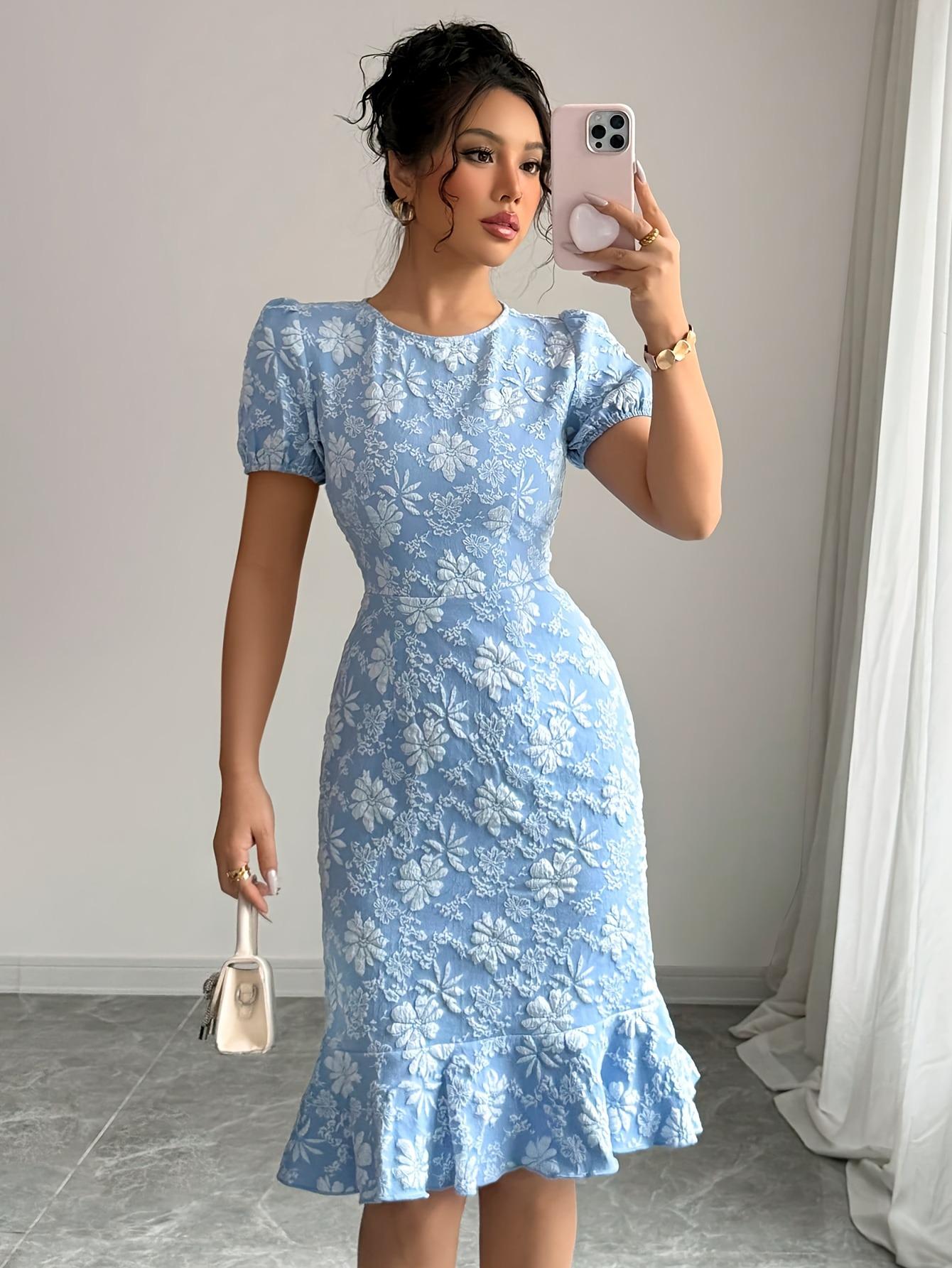 

2026 Summer Jacquard Slim-Fit Dress: Elegant, Hip-Hugging Long Skirt Small небесно-голубой