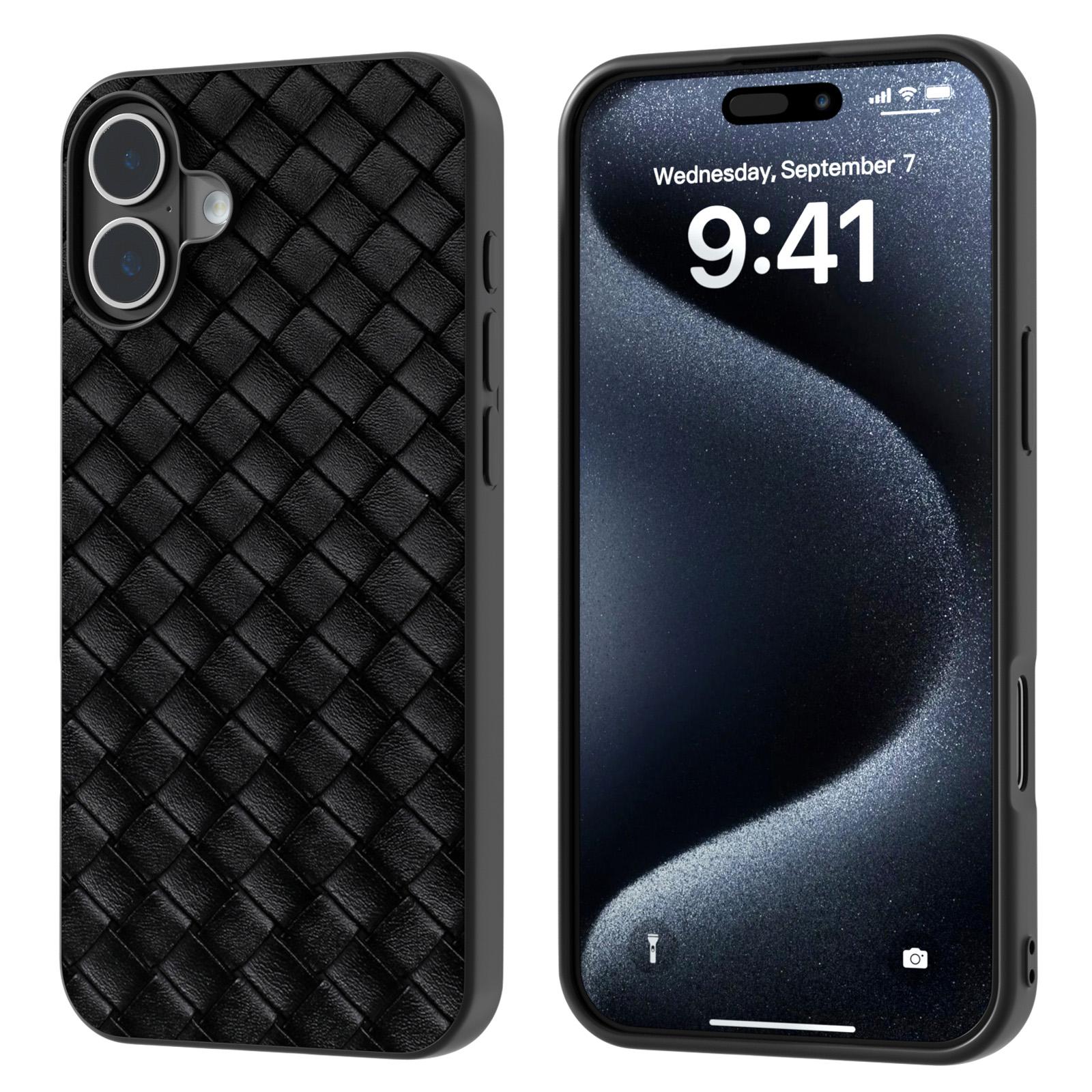 

For iPhone 16 Case Woven Texture PU Leather Coated PC+TPU Mobile Phone Cover