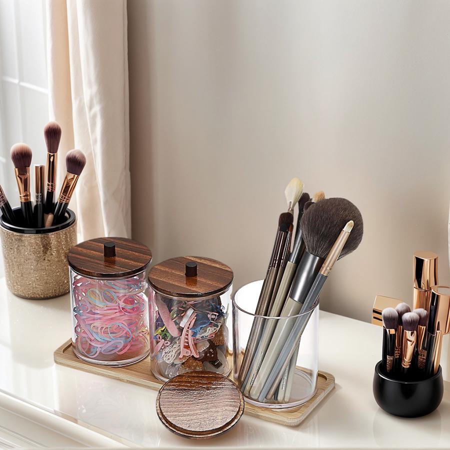 3 Pcs Bathroom Jar Qtip Holder with Vanity Tray Clear Cotton Ball Holder Cotton Swab Dispenser Bathroom Storage Canister