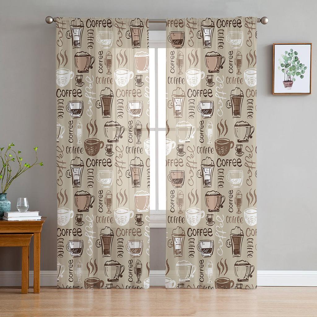 Vintage Text Coffee Tulle Curtains for Living Room Printed Sheer Voile Curtain Bedroom Window Screening Drapes Blinds Home Decor