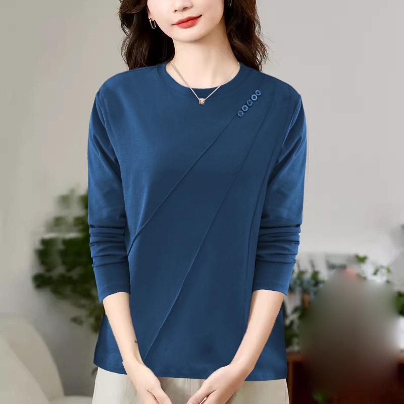 

Women s Autumn Winter Long Sleeve Round Neck Button Design Loose Literary Base Layer Top 3XL синий