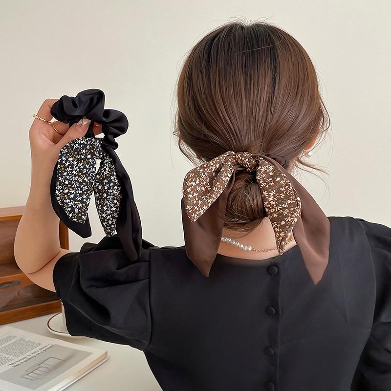 Korean Floral Bowknot Hair Ties for Women Girls Sweet Elastics Long Ribbon Ponytail Scarf Hair Tie Hair Accessories
