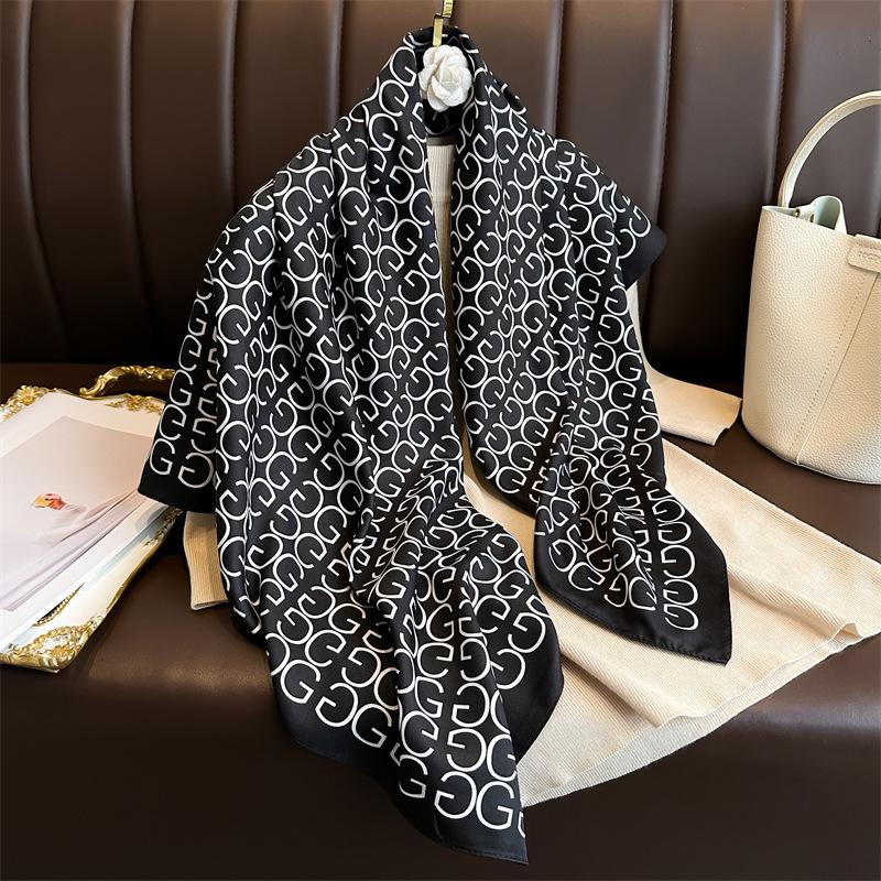 Women's Retro Twill Silk Scarf - 90cm Versatile Shawl for Travel & Sun Protection