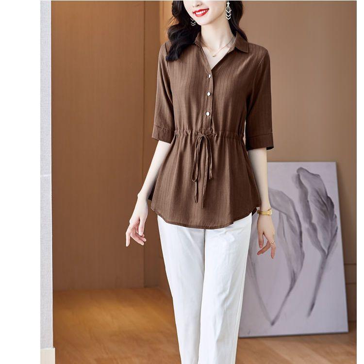 Top Estivo a Mezza Manica con Cinturino in Vita Larga, Camicia Corta a Manica Larga in Chiffon da Donna