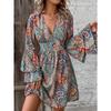 Autumn/winter Elegant Women's Floral Print V-neck Dress with Flared Sleeves