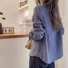 Women's Blue Plaid Cotton Linen Long Sleeve Shirt Jacket - Spring Collection