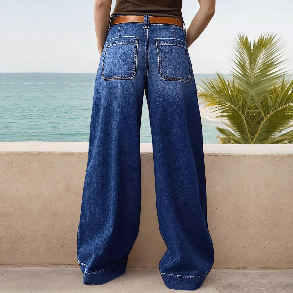 Damen Jeans mit weiter Taille und weitem Bein, lockere Jeanshose mit geradem Bein, verkürzte Jeans