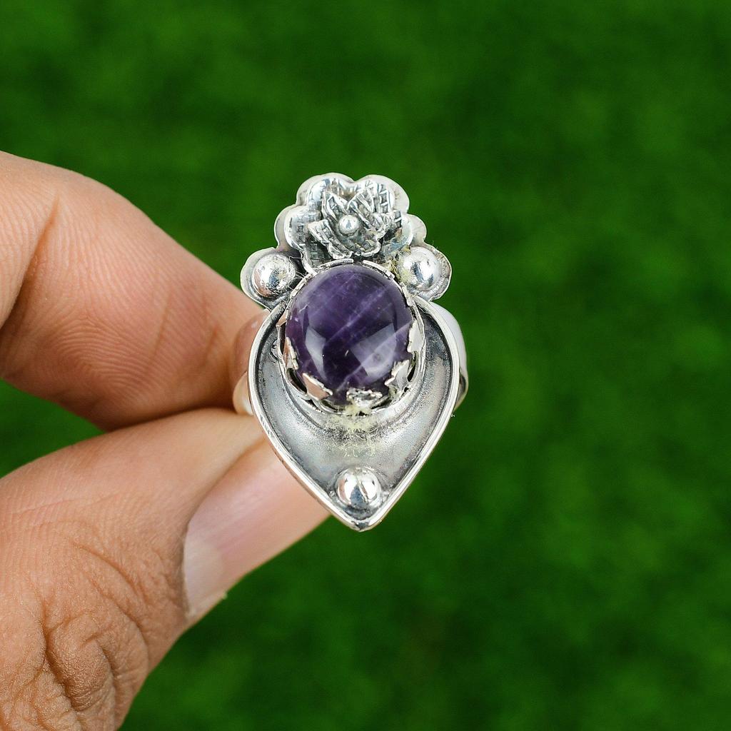 Natural Chevron Amethyst Promise Flower Adjustable Ring 925 Silver For Girls
