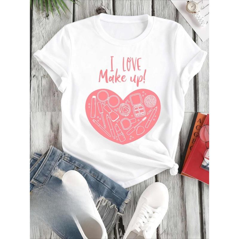 1 Pack Love Makeup Heart Tee | Couple S Same Printed T-shirt, 180G 100%, Graphic Elegantly White, Lightweight, Perfect for Casual Wear, S