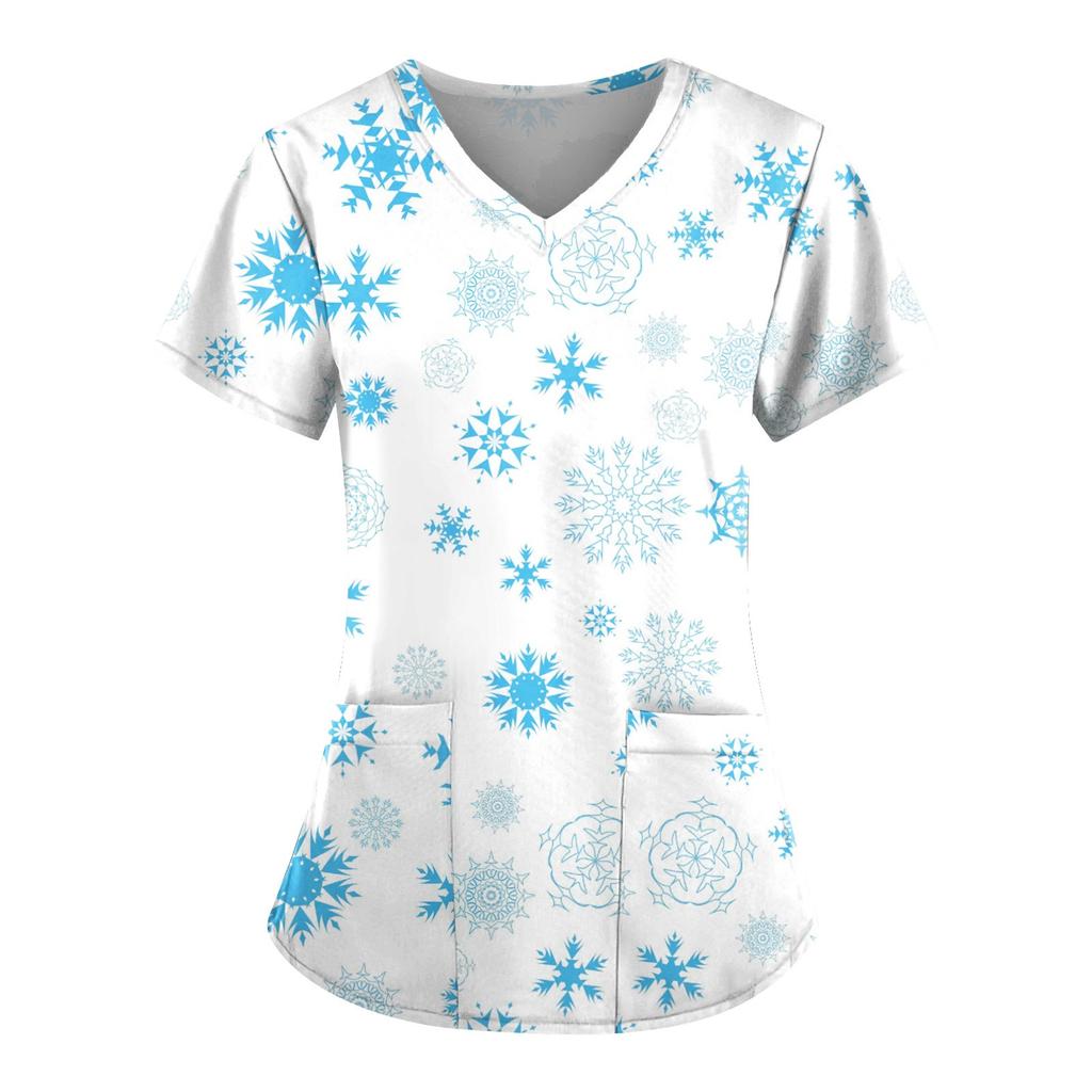 Tricou cu imprimeu de Crăciun, cu decolteu în V, ocazional, haine de lucru, cu buzunare