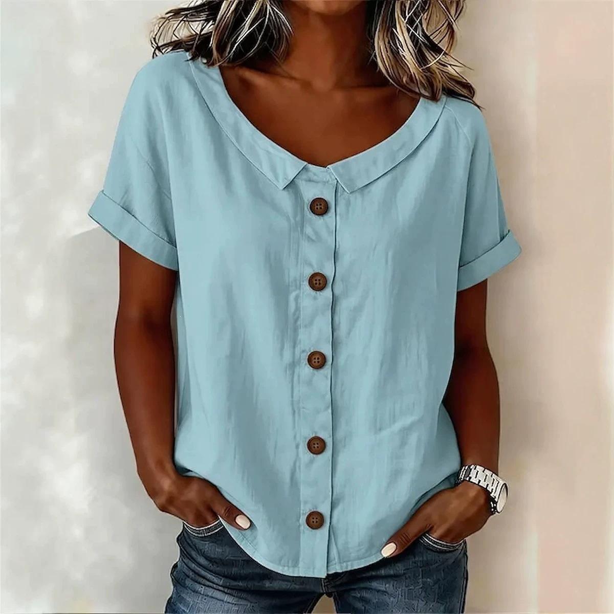 women s Rolled Cuff Short Sleeve Blouse V Neck Button Detail Casual Linen Look Shirt S синий