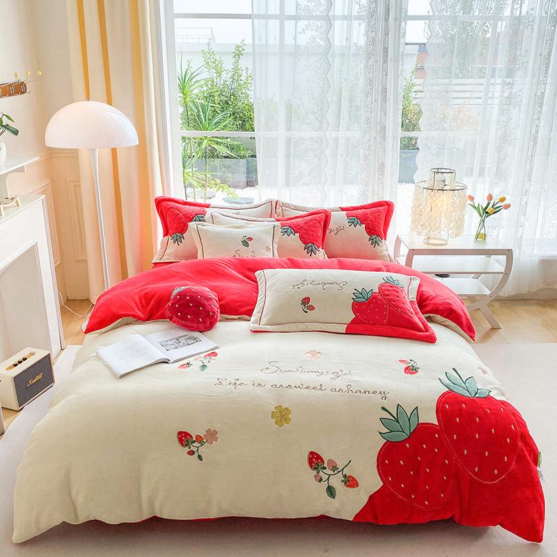Winter Thickened Milk Velvet Embroidered Four-piece Set, Anti-static and Warm, Double-sided Velvet Quilt Cover, Coral Velvet Bedding